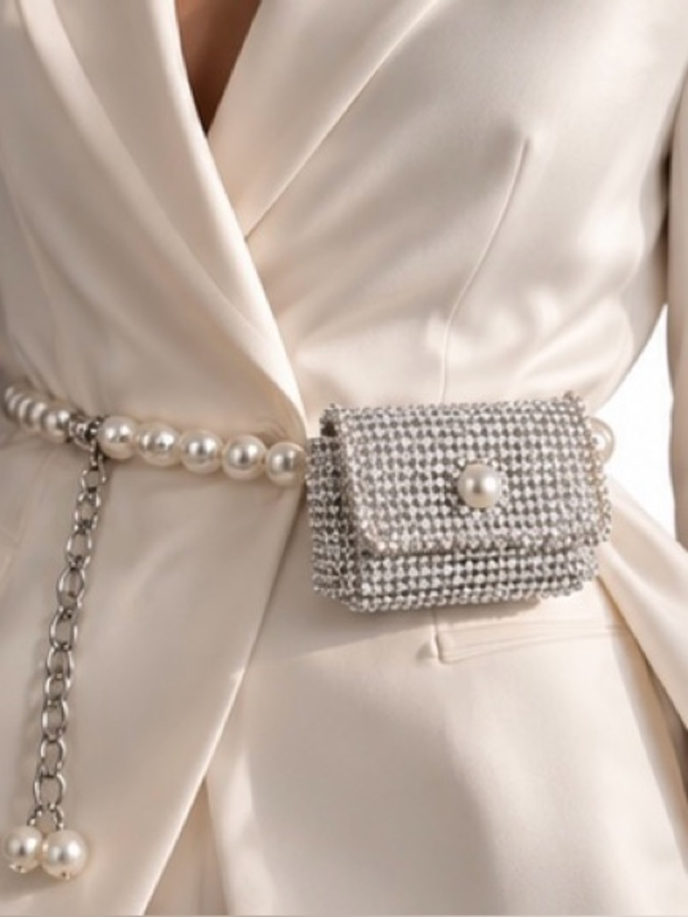 Pearl Beaded Rhinestone Belt Bag, Silver Crystal Mini Waist Bag